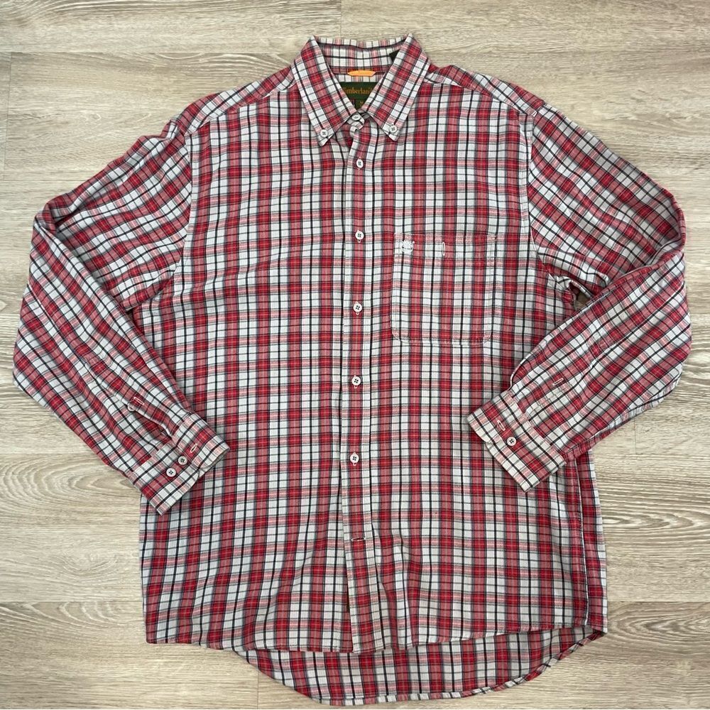 Timberland Mens Flannel red blue plaid button up shirt cotton long sleeves sz M